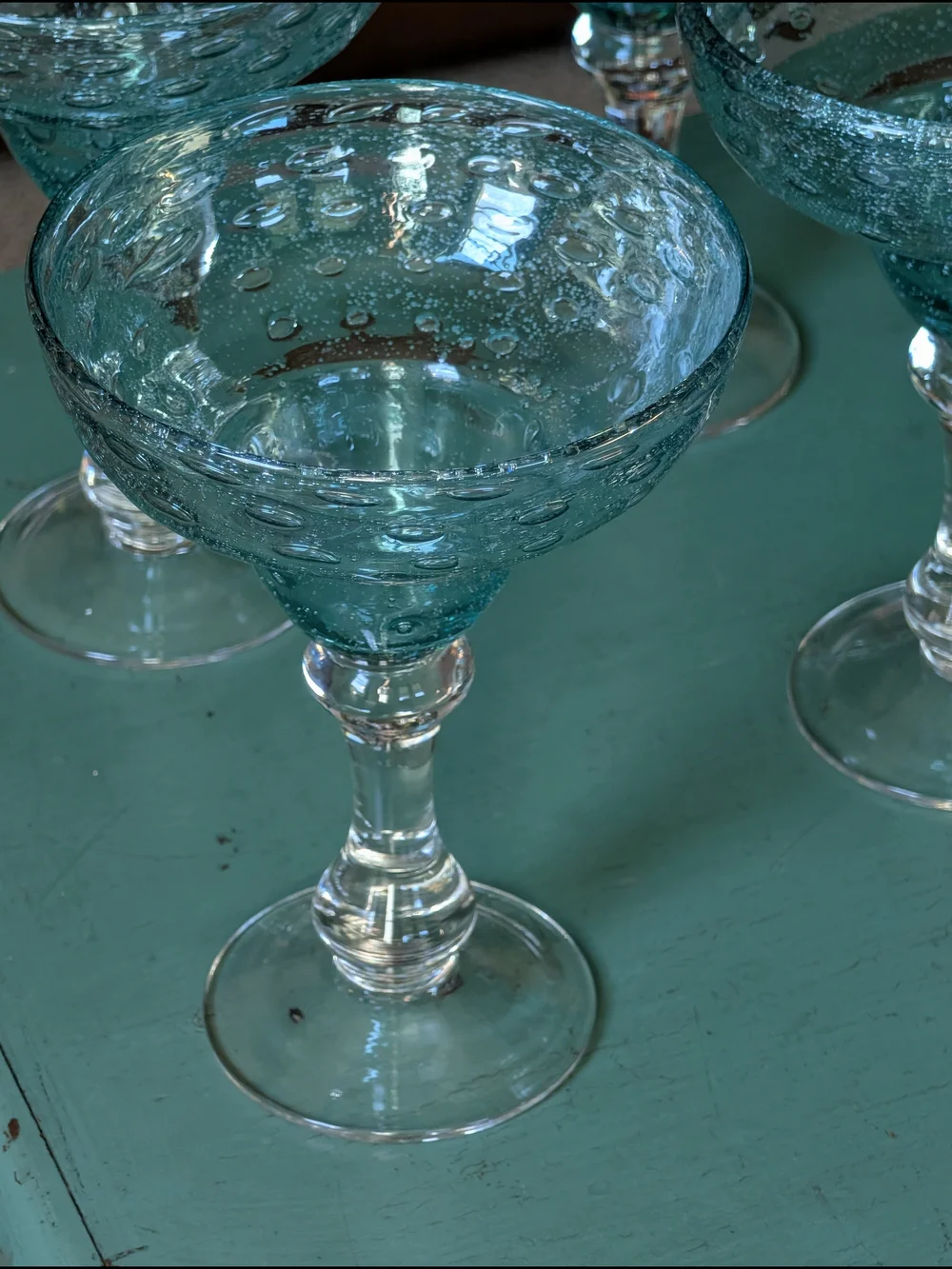 Handblown Teal Bubble Glass Coupe Margarita Elegant Home Dining Glassware Set 4